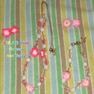 Pink flower earrings, necklace and bracelet
